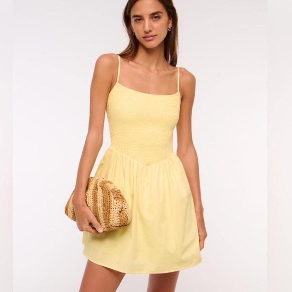 Abercombie & Fitch Dipped Waist Smocked Mini Dress Butter Yellow Sundress